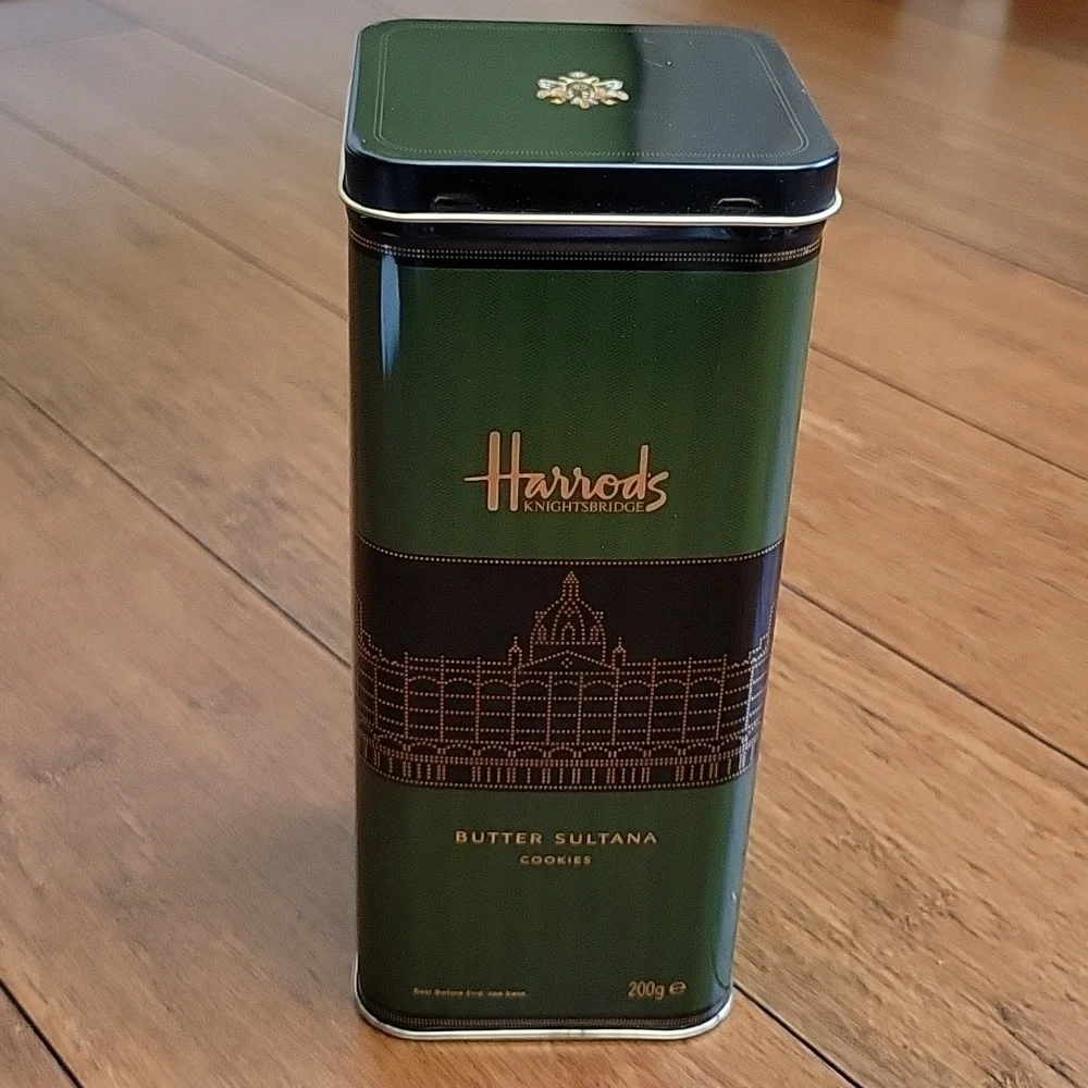 Harrods Knightbridge Butter Sultana Collectible Cookie Tin, Dark Green/Black